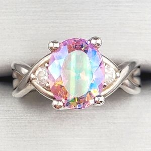 Oval Mercury Mystic Topaz & Diamond Simulants 925 Sterling Silver Ring